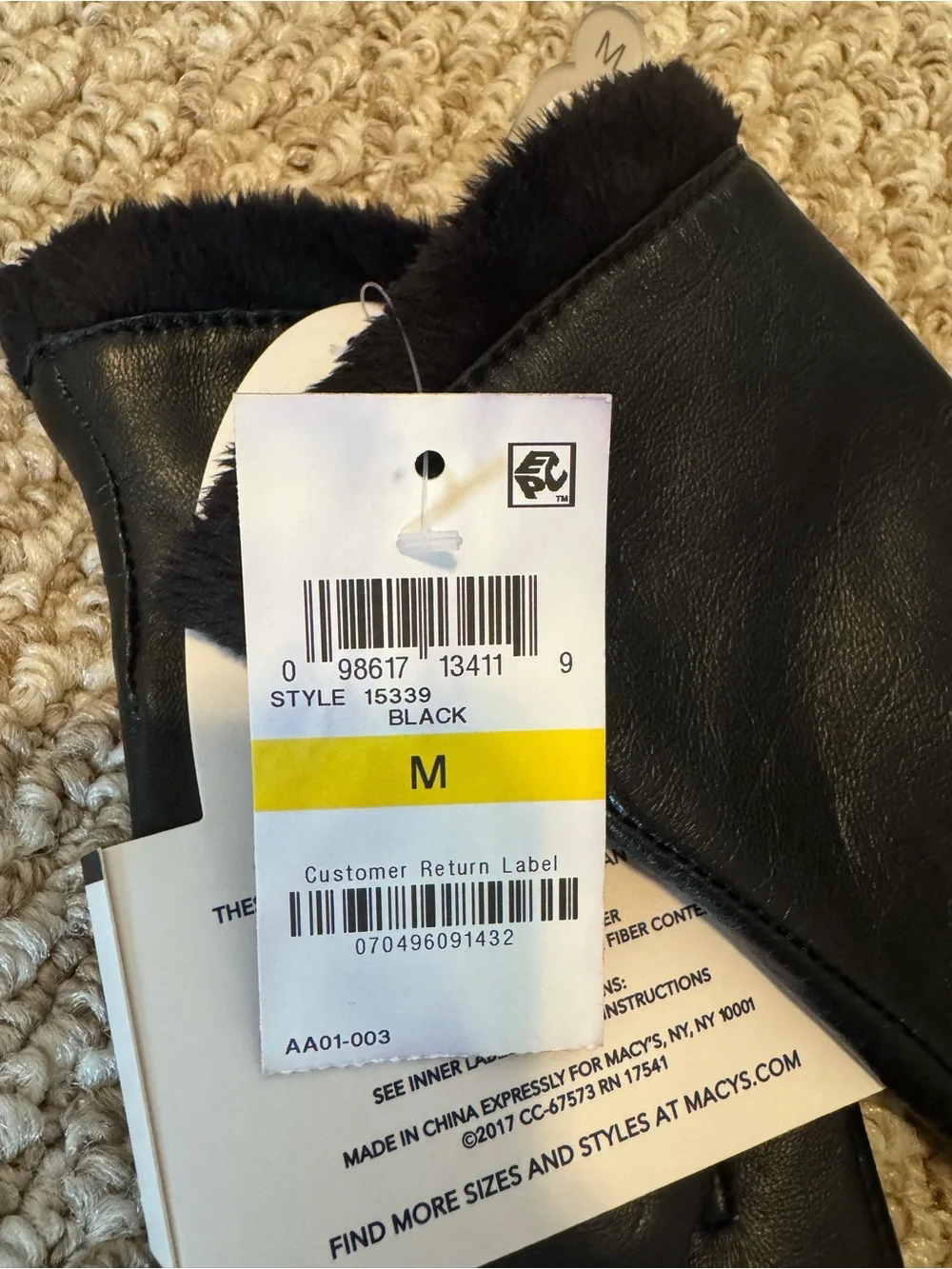 Charter Club Black Leather Gloves with Fur Trim and Touchscreen Tips